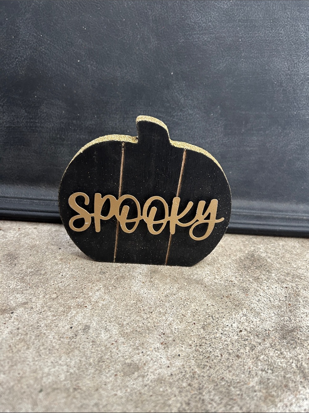Wooden 'Spooky' Pumpkin Sign - Black with Gold Lettering